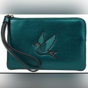 Coach | Metallic Dark Teal Leather Glitter Sparrow Bird | Zip Wristlet